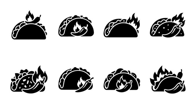 Spicy Taco Icons Set, Fiery Chili Pepper Food Graphics, Mexican Cuisine Vector Collection