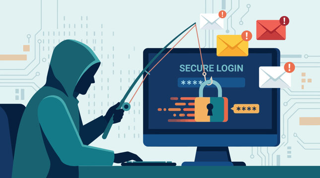 Hooded hacker phishing for login credentials on a computer screen. EPS Editable. Vector Illustrations.