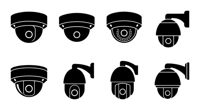 Security Camera Icons, Surveillance System Vector Graphics, CCTV Equipment Set