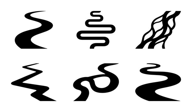 River Icons, Water Flow Symbols, Winding Stream Graphics, Natural Path Vector Set