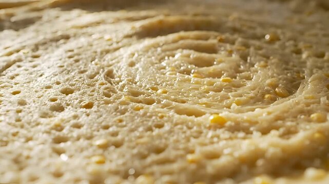 Closeup of a goldenbrown crepe batter cooking on a hot griddle.
