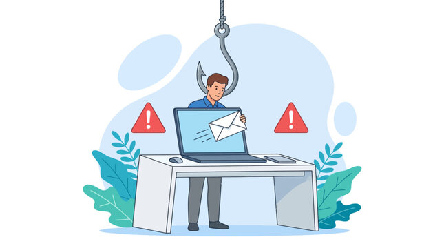 Phishing scam illustration Man laptop and warning signs under a fishing hook. EPS Editable. Vector Illustrations.