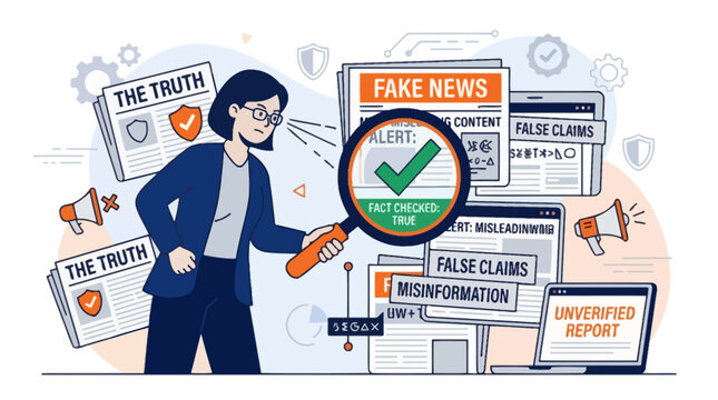 Professional woman factchecking news with magnifying glass for truth and accuracy. EPS Editable. Vector Illustrations.