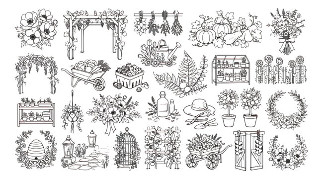 Hand drawn garden vector icons set, rustic farmhouse floral illustrations, black and white botanical line art collection for wedding and cottagecore design
