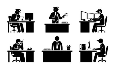 Fototapeta premium Security Guard Icons Set, Office Security Personnel, Professional Vigilance, Workplace Safety Vector Graphics