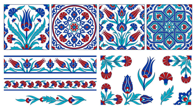 Turkish Iznik floral tile vector set with tulips, carnations, leaves, square tiles and decorative border elements for wallpaper and packaging