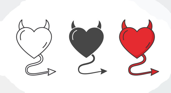 Devil heart with horns and tail icon - logo icons vector set. Blue, Black and white icons