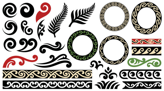 Maori koru ornament vector set with spiral shapes, fern leaves, wave curves, circular frames and tribal decorative borders