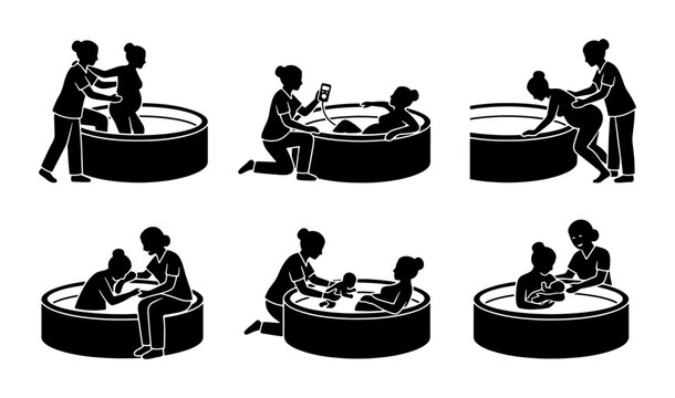 Water Birth Icons, Maternity Care Set, Pregnancy Support Graphics, Childbirth Illustration