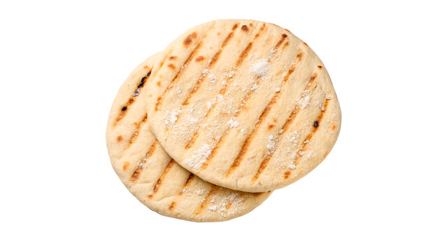 Two traditional round classic pita flatbread naan with grill marks healthy snack food isolated on transparent background