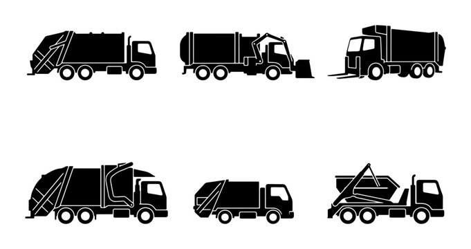 Collection of Garbage Truck Icons, Waste Management Vehicles, Sanitation Service Trucks, Recycling Collection Set