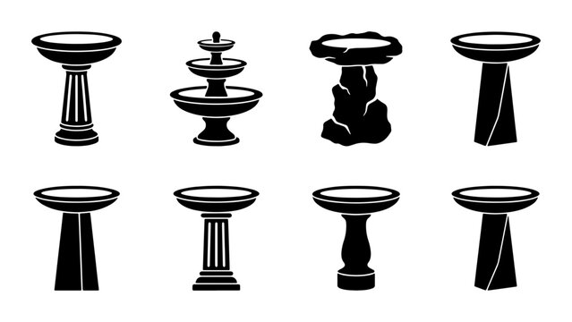 Bird Bath Icons Set, Garden Water Feature Vector Collection, Outdoor Decorative Elements