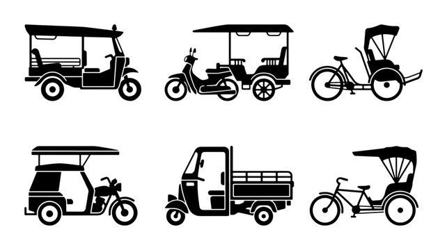 Asian Tuk-Tuk & Rickshaw Icons, Vector Set: Traditional Transport, Urban Mobility, Street Vehicles