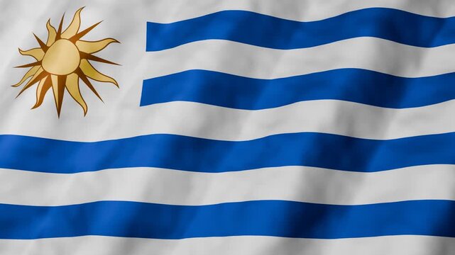 3d Animation Uruguay Flag waves gently in a breeze. Blue and white stripes stretch across the canvas. Golden sun shines brightly in the corner. Symbol of national pride, patriotic and identity