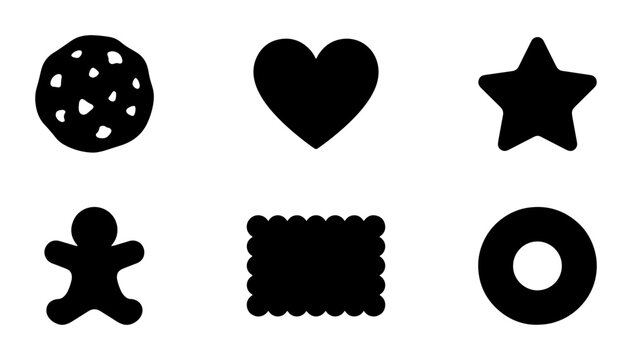 Six Black Cookie Cutters, Shapes: Heart, Star, Gingerbread Man, Circle, Round, Festive Baking Icons