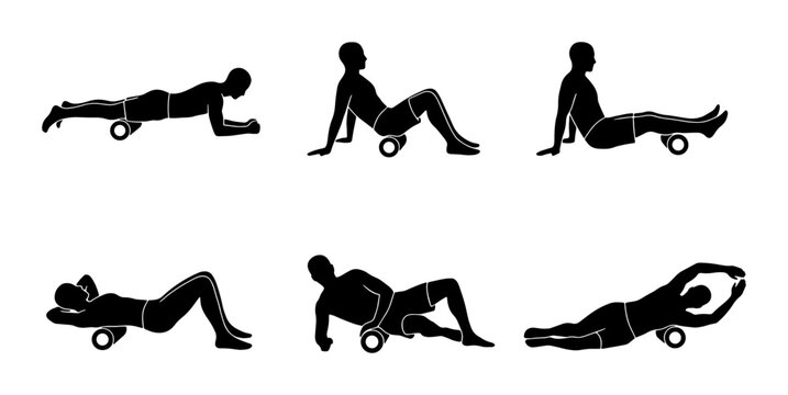 Foam Roller Exercises, Fitness Silhouettes, Muscle Recovery Poses, Body Stretching Icons