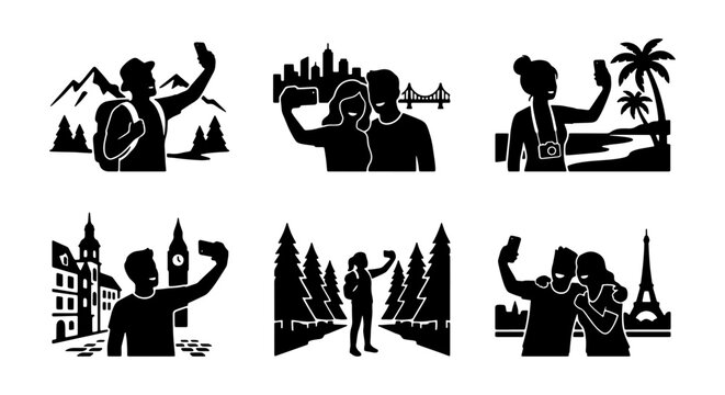 Travel Selfie Vector Icons Set: Cityscapes, Mountains, Landmarks, People Capturing Memories
