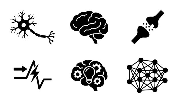 Neuron, Brain, Synapse Icons: Neural Network, Idea Bulb, Electrical Impulse Vector Set