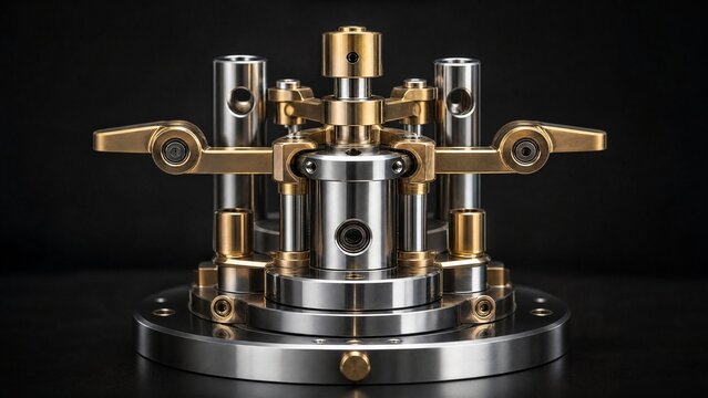 A composition of polished brass and steel cylinders arranged on a dark background.
