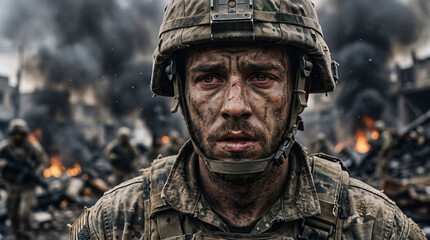 Fototapeta premium Exhausted young soldier with a dirty face standing in a war zone looking forward with a very intense emotional expression
