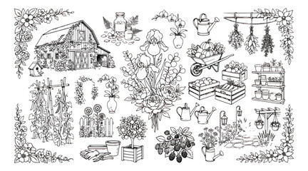 Rustic garden line art collection, vintage farmhouse gardening vector set, hand drawn botanical elements and barn illustrations for coloring © Ali