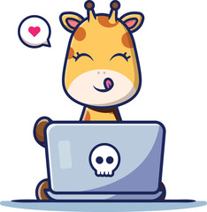 Cartoon giraffe sitting on a laptop next to a skull, combining whimsical and macabre elements in a playful scene. © Flaticons