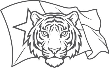 Obraz premium Fierce tiger face graphic, tribal star flag background, wild animal illustration.