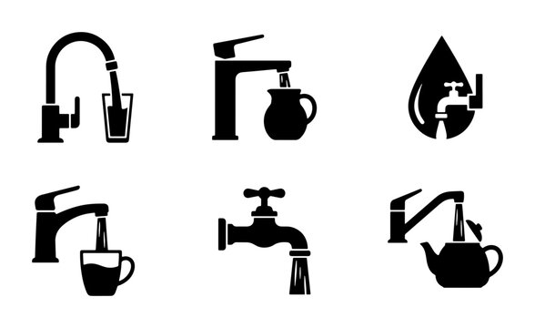 Water Faucet Icons, Tap Flow Symbols, Plumbing Fixture Vector Graphics, Liquid Dispensing Set