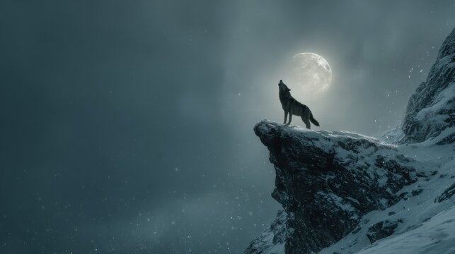 Majestic wolf howls at the full moon from a snow-covered cliff edge under a dramatic, cloudy night sky