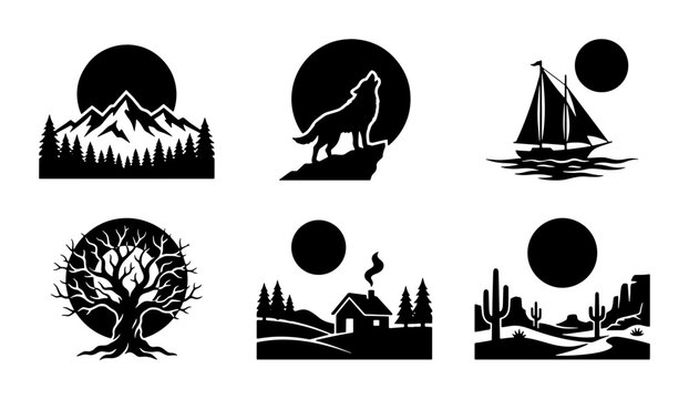 Nature Landscape Icons Set: Mountains, Wolf, Sailboat, Tree, Cabin, Desert Scenes