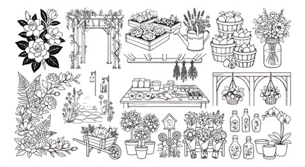 Obraz premium Hand drawn garden and flower shop vector set, black and white botanical line art collection, floral nursery and greenhouse elements for coloring