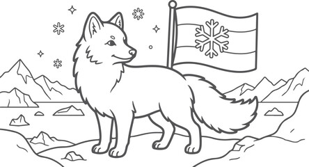 Cute arctic fox standing in snow, snowflakes, mountain landscape, flag illustration. © Sadhin