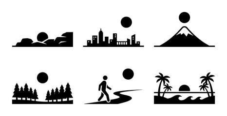 Vector Landscape Icons: City, Mountain, Forest, Beach, Nature Scenes, Sun © Shahida