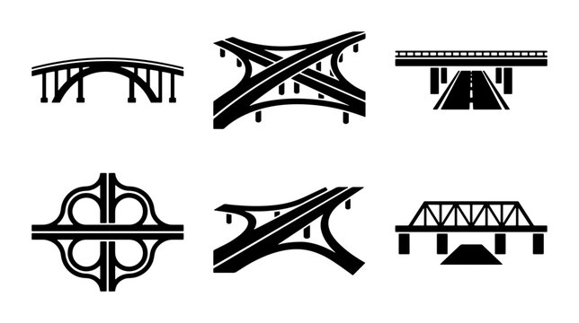 Highway Interchange and Bridge Icons, Transportation Infrastructure Vector Set