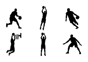 Basketball Player Silhouettes, Dynamic Action Poses, Sports Graphics, Athletic Figures, Dunking, Shooting, Dribbling, Vector Collection © Shahida