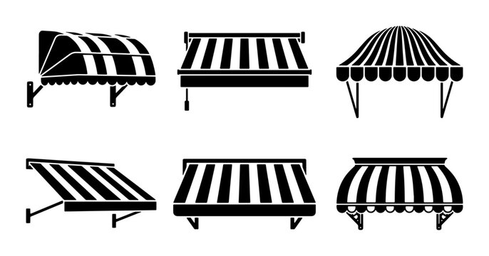 Awning Collection, Storefront Protection, Outdoor Canopy Designs, Black and White Vector Icons
