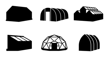 Greenhouse Icons Set, Agricultural Structures, Botanical Domes, Farming Buildings, Garden Shelters, Vector Collection © DesignHost