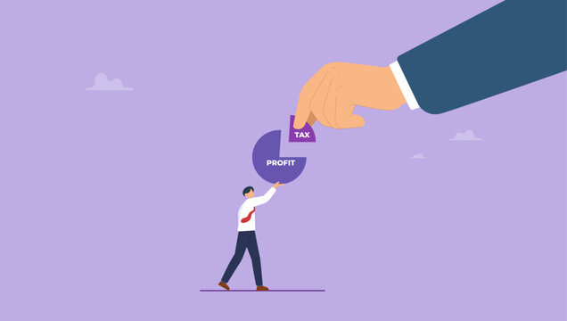 Big hand metaphor government takes taxes from a man. Tax burden or debt to pay for income tax, financial charge and duty to pay for government, tax time concept.
