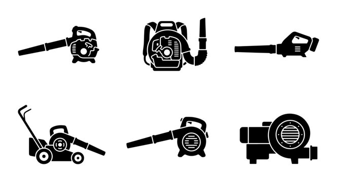 Leaf Blower Icons, Lawn Mower Silhouette, Garden Equipment Vector Set, Outdoor Maintenance Tools