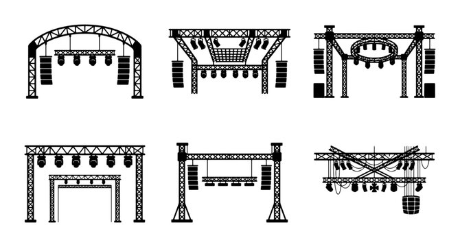 Concert Stage Lighting Truss Systems, Professional Event Rigging Structures, Performance Audio Visual Setup Elements, Black and White Vector Graphics