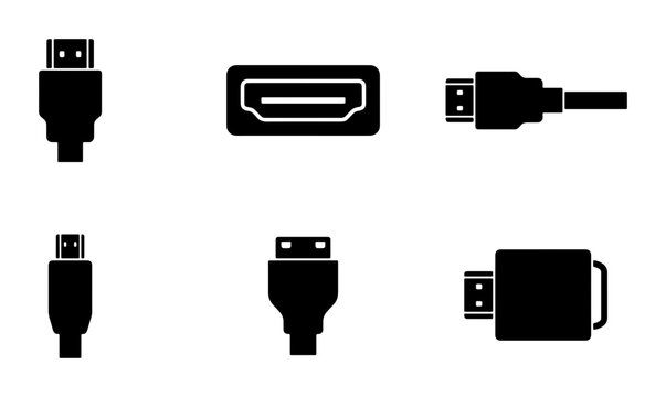 HDMI Connector Icons, Cable Plugs, and Ports, Technology Interface Symbols, Digital Connection Vector Set