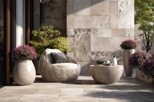 Modern Terrace Lounge with Garden Plants and Sunlit Outdoor Armchair