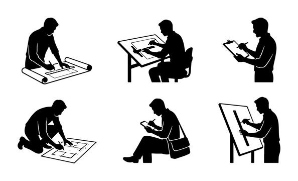 Architectural Drafting Icons, Blueprint Design Silhouettes, Engineering Drawing Vector Set, Professional Sketching Collection
