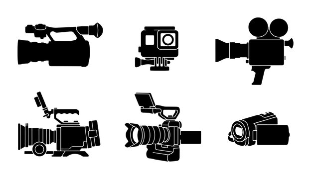 Diverse Camera Silhouettes Collection, Vintage and Modern Video Recording Devices, Professional and Action Cam Icons, Vector Set for Media Production