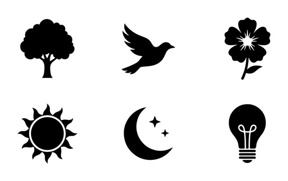 Nature and Idea Icons: Tree, Bird, Flower, Sun, Moon, Lightbulb Vector Set, Black Silhouette Graphics for Concepts