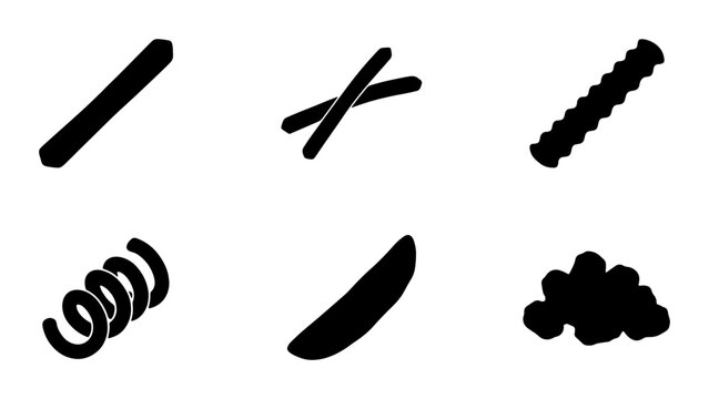 Six Pasta Shapes Vector Icons, Italian Food Ingredients, Culinary Design Elements, Black and White Simple Graphics