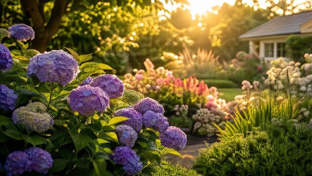 Sunlit garden with vibrant flowers and greenery, bathed in warm golden hour sunlight, creating a peaceful outdoor atmosphere.
