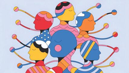 Fototapeta premium Diverse group of people silhouettes connected by colorful network nodes and lines vector background