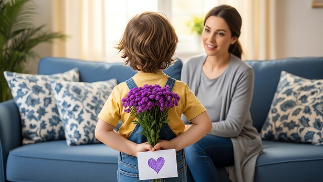 Little Boy Hiding Purple Flowers and Heart Card to Surprise His Mother