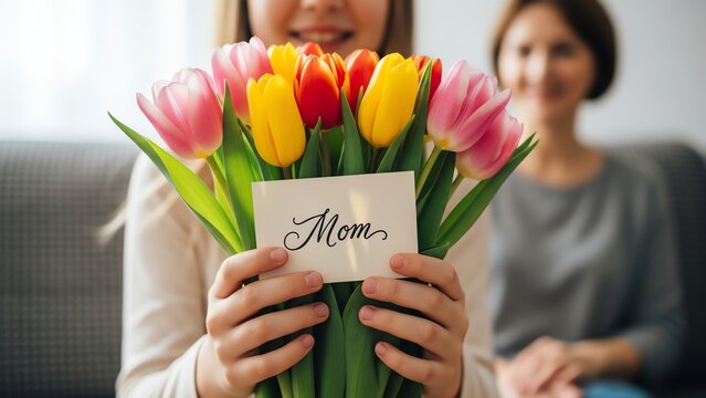 Child giving colorful tulip bouquet with mom card to mother